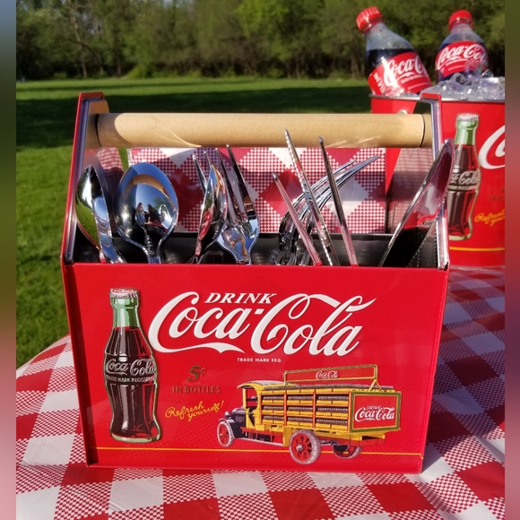 Coca-cola Tin Napkin and Utensil Caddy - Picture 2 of 7
